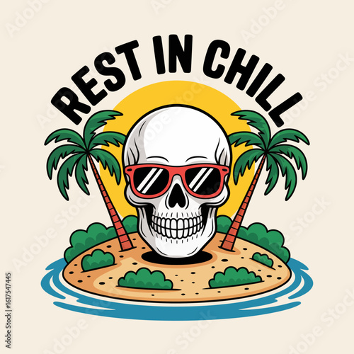 This unique artwork features a stylized skull wearing sunglasses, surrounded by palm trees, embodying a laid-back attitude and the ultimate chill vibe of a tropical getaway.