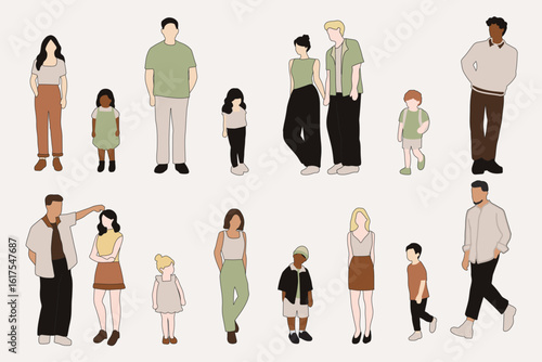 flat minimal people male and female vector illustration in spring summer clothing with outline concept isolated set collection. For architecture rendering, graphic design, info graphic, media