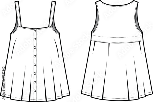 Women's sleeveless button-front tunic top flat sketch illustration, A-line silhouette, pleated hem, fashion design template, versatile casual wear, summer and spring collection, comfortable apparel.