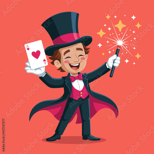 A vibrant young magician radiates joy on stage, showcasing a playing card and wand, amidst a colorful backdrop that captures the essence of wonder, excitement, and performance.