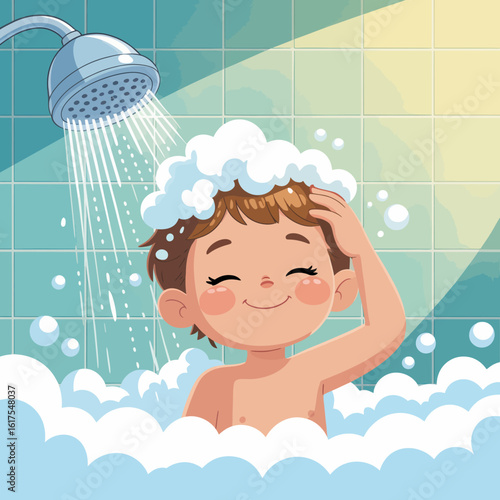 A joyful boy is soaking under a shower, enjoying plenty of bubbles. His smile reflects the carefree and happy moments often associated with bath time fun.