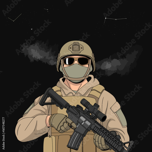 A striking artwork of a military soldier, holding a rifle and portrayed on a dark background, symbolizing strength and the solemn duty of preserving freedom and safety.