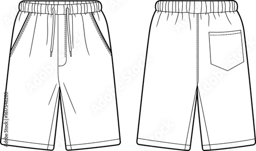 Unisex casual shorts flat sketch illustration, elasticated waistband, drawstring detail, side pockets, back patch pocket, comfortable everyday wear, versatile fashion design template, summer apparel.