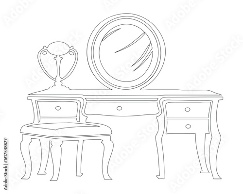 Vintage Dressing Table with Mirror and Chair Outline - Vanity Furniture