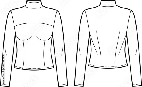 Women's fitted mock neck long sleeve top flat sketch, bustier detail, fashion design template, elegant and trendy apparel, versatile for layering, autumn and winter collection.