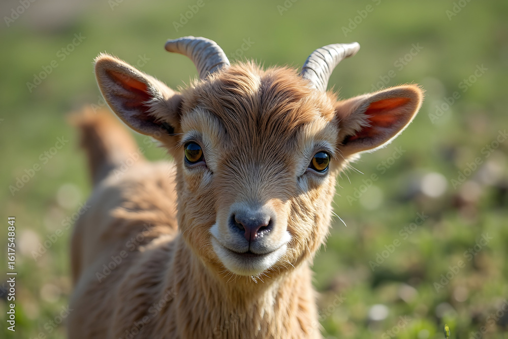 Cute Goat Kid Portrait Staring at Camera on Green Meadow Cute Goat Kid Portrait Staring at Camera on Green Meadow