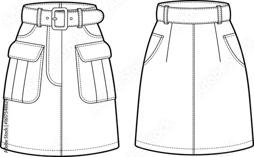  Women's A-line utility skirt flat sketch illustration, high waist with belt, large cargo pockets, versatile fashion design template, trendy apparel for casual and outdoor wear, spring collection.