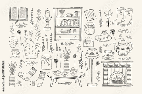 Big collection of hand drawn cottagecore doodles with cozy home elements, fireplace, tea, books, socks, flowers, rustic decor. Black and white vintage line art set for cards, stickers.