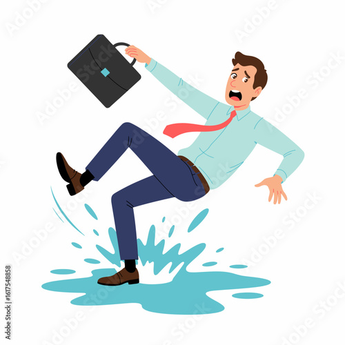 A businessman losing his footing and slipping in an exaggerated manner while holding a briefcase, capturing the unexpected mishaps of everyday work life.