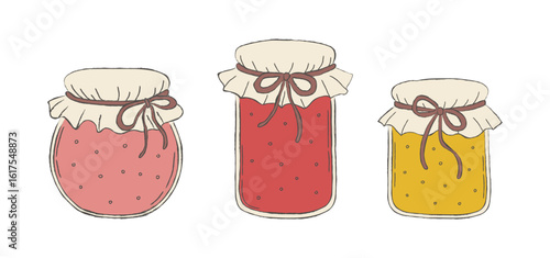 Hand drawn vintage jam jars. Cute cottagecore strawberry, raspberry, apricot, orange confiture, preserve. Vector illustration for kitchen design, stickers, cards, cottage decor.