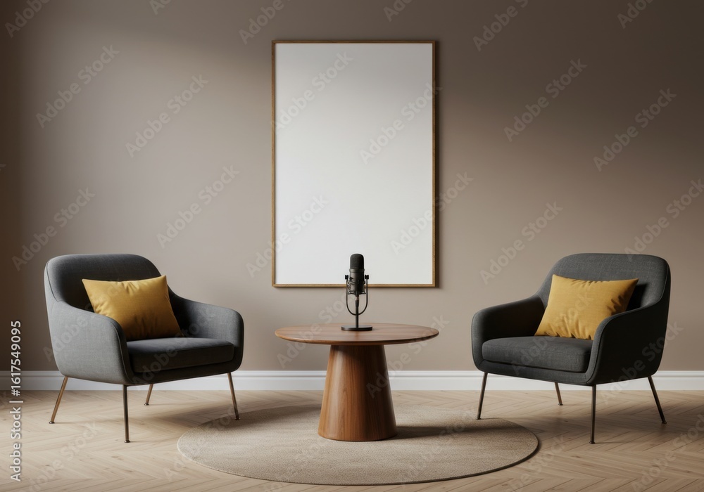 Fototapeta premium A stylish podcast setup with two armchairs, a wooden table, and a blank framed poster