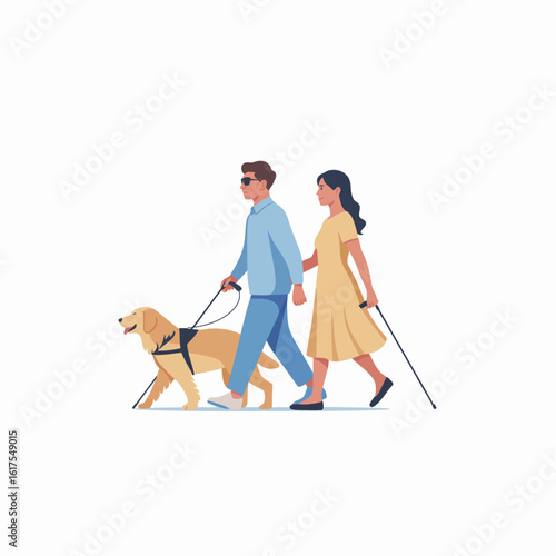 A visually impaired couple leisurely walks together, supported by their loyal golden dog, symbolizing trust and companionship in their daily adventures through life.