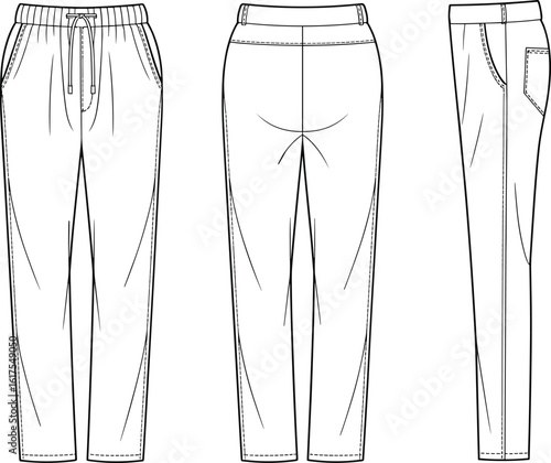 Women's casual trousers flat sketch illustration, relaxed fit, elasticated drawstring waistband, side pockets, versatile everyday wear, comfortable bottom design template, fashion apparel for spring.