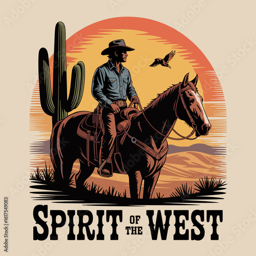 A cowboy rides a horse against a stunning sunset, showcasing the beauty of the western landscape with cacti and a serene atmosphere that defines the spirit of the West.