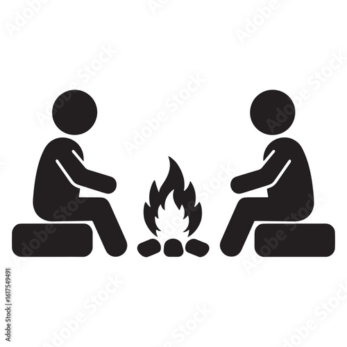 Two people enjoying a campfire icon black and white design vector illustration