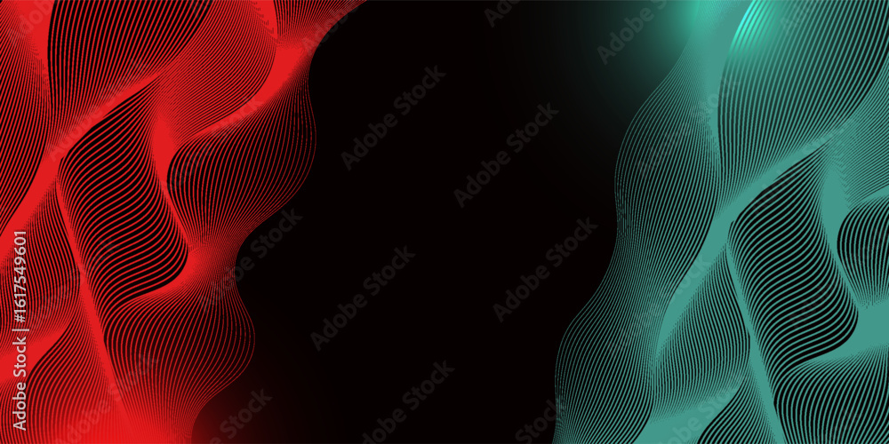 Naklejka premium Abstract futuristic technology lines background with red and green light effect. Gradient circle lines pattern. Glowing neon geometric lines. Modern dark banner template design. Vector illustration