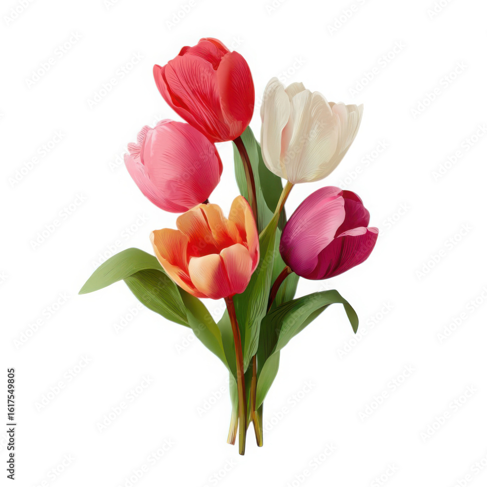 Obraz premium Vibrant mixed tulip bouquet with green stems and leaves isolated on transparent background