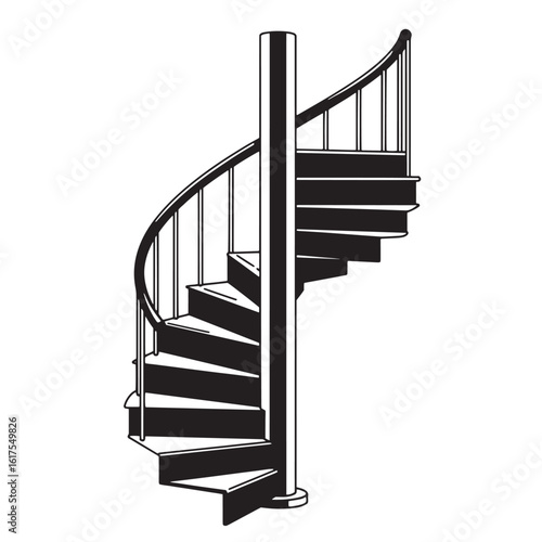 Vector illustration of a black and white architectural spiral staircase design