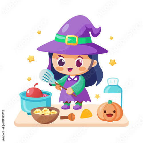 Cute cartoon witch is cooking for halloween isolated on white background
