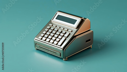 Cash register icon with shopping concept in metallic style on teal background for business and retail design