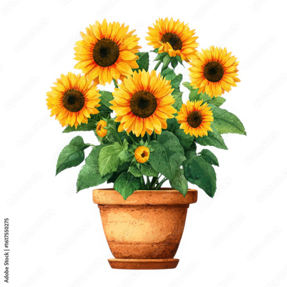 Obraz premium Vibrant potted sunflowers bursting with bright yellow petals and green leaves isolated on transparent background
