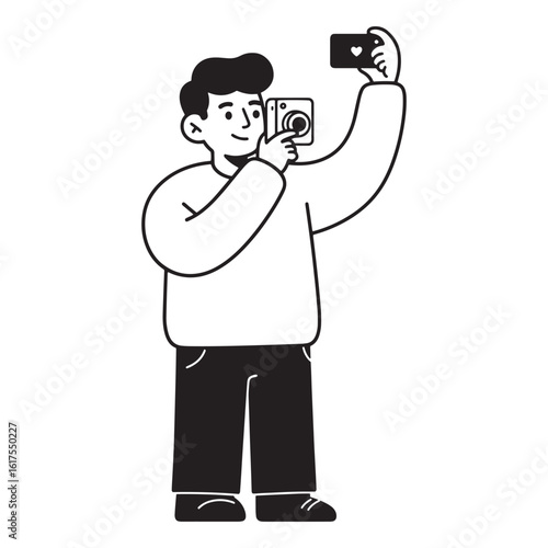 Young man taking selfie photograph using smartphone in black and white illustration