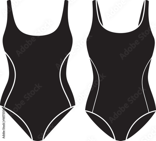 Two black one piece swimsuits with white trim silhouette