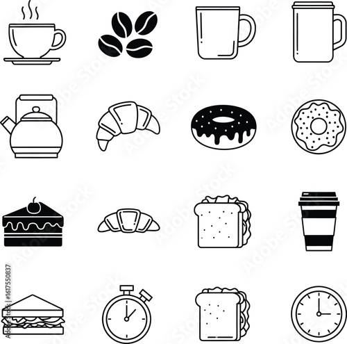 Breakfast and Coffee Shop Line Icons Set - Food & Drink Outline Symbols