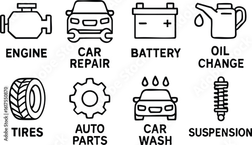 A collection of vector icons representing various car maintenance and repair services, including engine, battery, oil change, tires, auto parts, and car wash, presented in a clean, modern style.