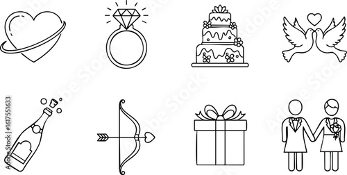 A collection of simple, black and white line art illustrations representing love, marriage, and celebration, including hearts, rings, cakes, doves, champagne, bows, gifts, and same-sex couple figures.