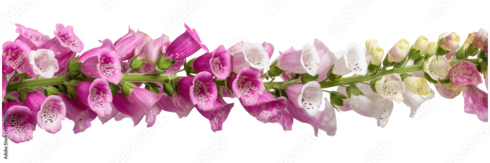 Fototapeta premium Linear Sequence of Pink and White Foxglove Flowers on Green Stem