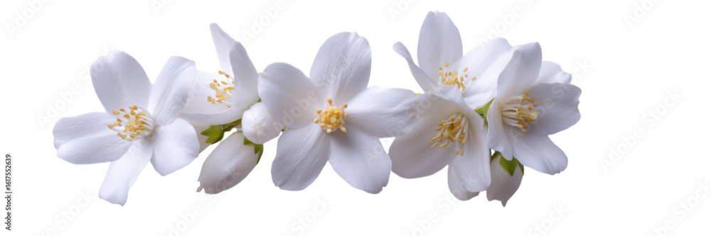 Fototapeta premium Linear Sequence of White Jasmine Blossoms on a Solid Background