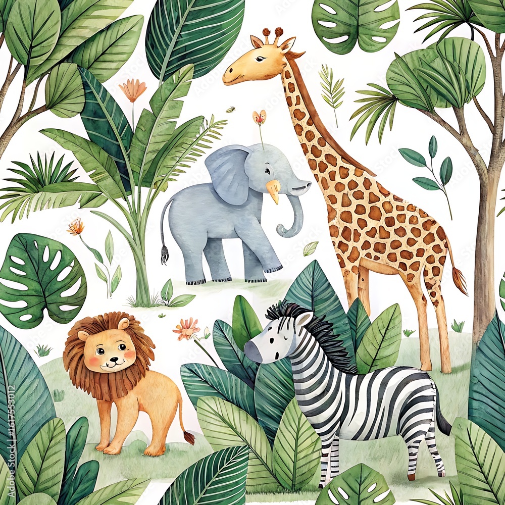 Obraz premium Adorable watercolor safari animals in a lush jungle setting