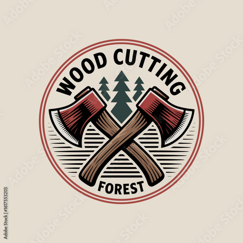 This image showcases a vintage wood cutting theme featuring crossed axes, pine trees, and a circular design, perfect for outdoor activities branding or decor.