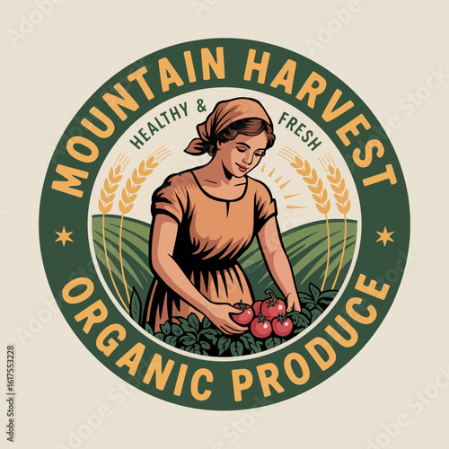 This illustration showcases a woman harvesting fresh tomatoes in an expansive field, representing the essence of organic farming and healthy living in a vibrant design.