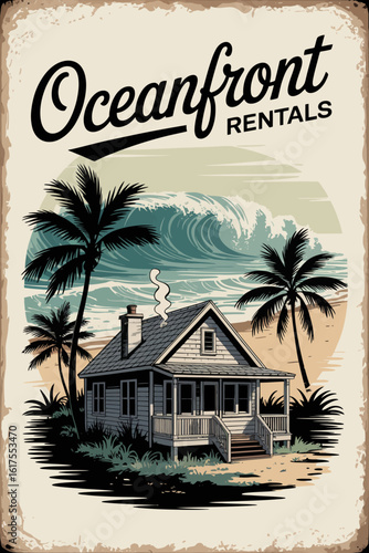 A picturesque beachfront rental home surrounded by palm trees, with gentle ocean waves lapping at the shore, illustrating a serene coastal lifestyle ideal for vacationers and beach lovers.