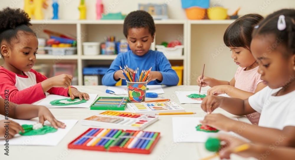 Fototapeta premium Young Children Engaged in Creative Art Activities in a Bright Classroom Setting
