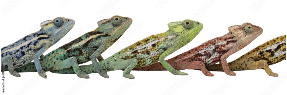 Naklejka premium Row of Identical Chameleon Lizards in Neutral Poses
