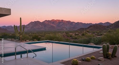 Modern pool with mountain view at sunset