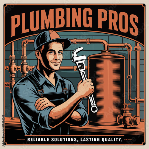 This illustration portrays a confident plumber holding a wrench, showcasing professionalism and reliability in a vintage-style graphic focused on plumbing services.