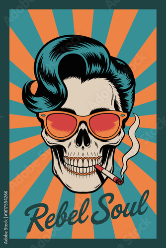 This captivating artwork features a skull wearing stylish sunglasses and smoking a cigarette, representing the essence of rebellion and a carefree attitude in a pop-art style.