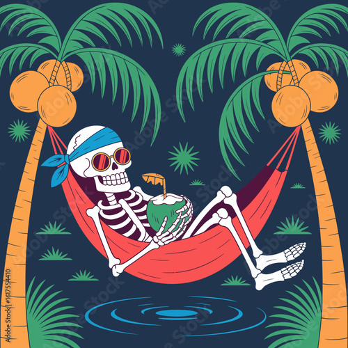 A relaxed skeleton lounging in a hammock with a coconut drink, embodying a carefree attitude and tropical vibes. The image personifies leisure and a laid-back lifestyle.