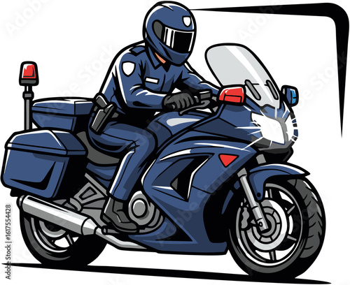 Illustration of a police officer on a motorcycle, in pursuit and on duty.