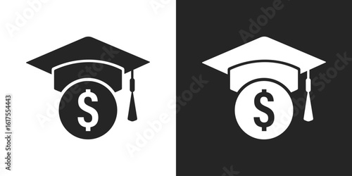 Scholarship icon, Graduation cap hat with dollar symbol for education funding or student loan icon