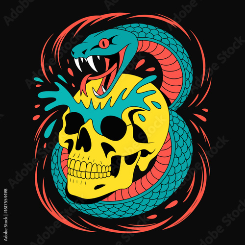 This vibrant graphic design features a snake coiled around a skull with splashes of color, merging themes of life, death, and adventure in an exhilarating artistic representation.