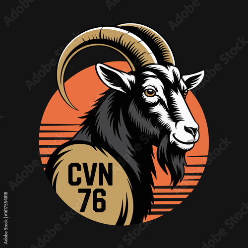 This iconic image portrays a formidable goat head design, featuring bold lines and a striking color palette as a representation of strength and resilience.