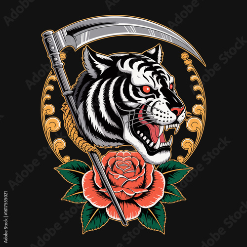 An imposing tiger's head adorned with a scythe and roses captures fierce beauty and strength, blending traditional artistry with modern elements in vibrant colors.