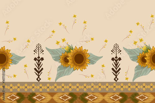Ikat fabric pattern, hand drawn sunflower concept, seamless ethnic floral pattern, embroidery, stripes, floral ornament, motif, design for wrapping, silk, scarf, background, textile.