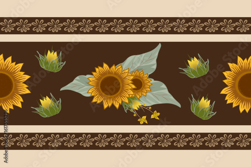 Ikat fabric pattern, hand drawn sunflower concept, seamless ethnic floral pattern, embroidery, stripes, floral ornament, motif, design for wrapping, silk, scarf, background, textile.