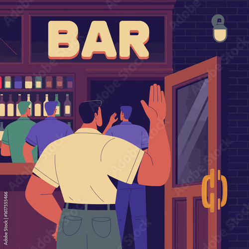 A warm and inviting bar scene shows friends greeting each other as they enjoy drinks, showcasing the essence of socializing and bonding in a cozy atmosphere.